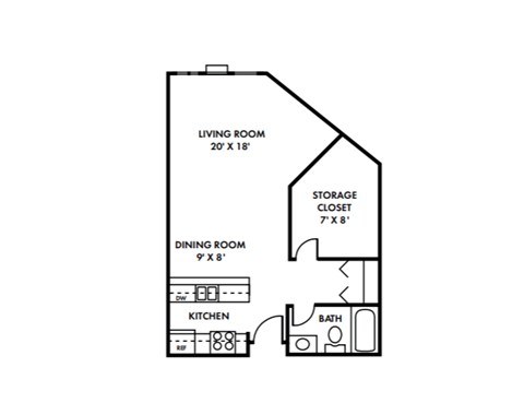 Floor plan for studio, 1 bath, 560 sqft